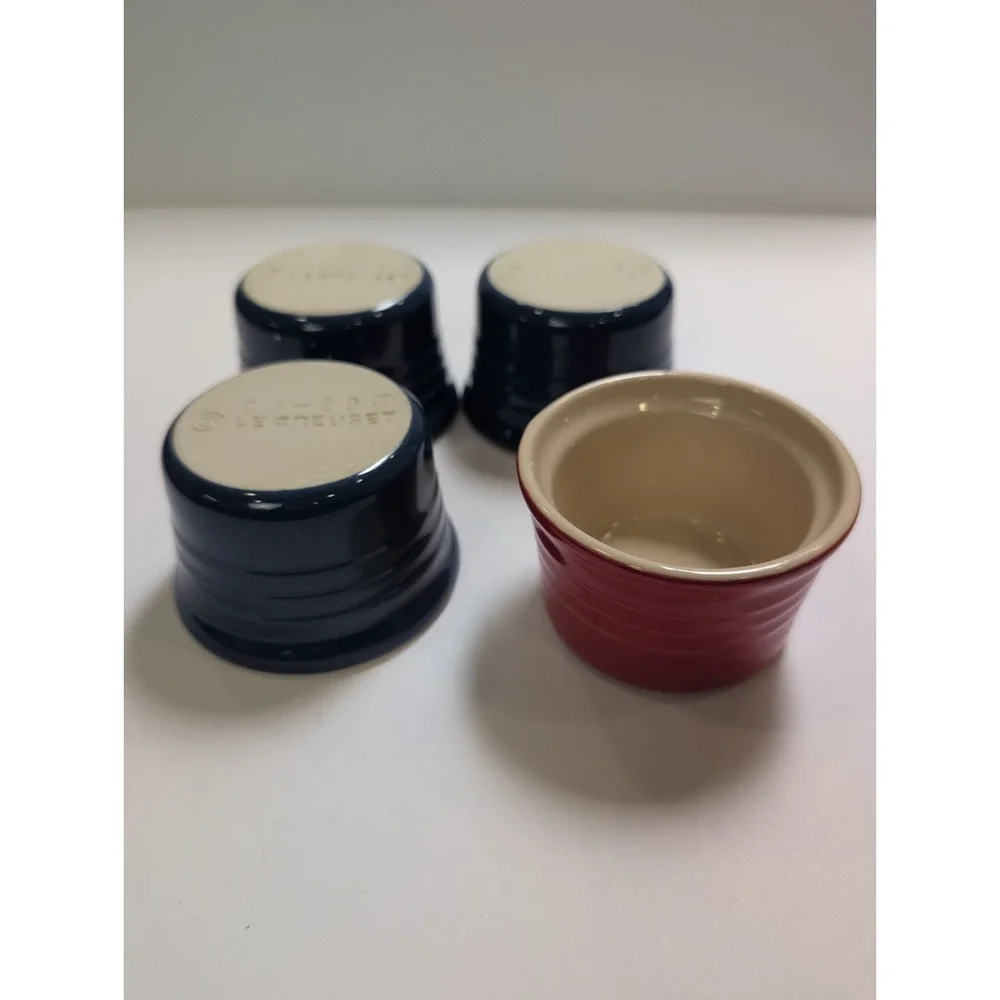 Le Creuset Stoneware Custard Cups 4 Oz 3 Blue 1 Red Ribbed Ramekins- ‎ Set Of 4